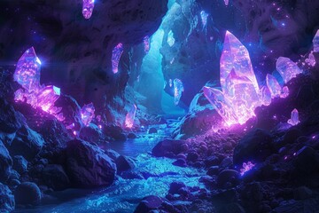 Obraz premium Radiant Crystals in a Mystical Cavern with Glowing Stones