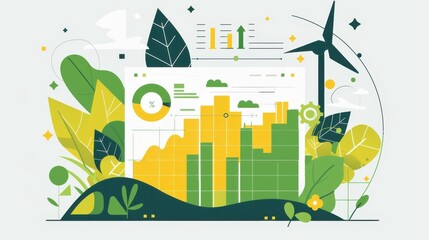 Negative growth financial data, sustainable tech, nextgen energy storage, flat design illustration