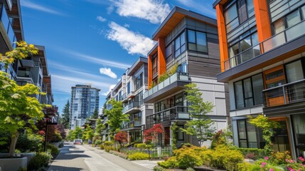 A row of modern apartment buildings basks in the sunshine on a clear day in Vancouver