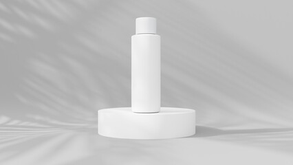 a white bottle on a white pedestal with a shadow