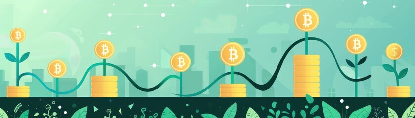 Increasing cryptocurrency values, blockchain network expansion, flat design illustration