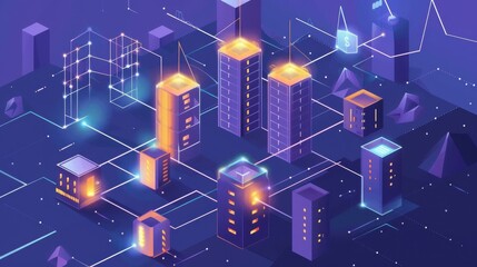 Fototapeta premium Energyefficient buildings, battery storage systems, blockchain nodes, flat design illustration
