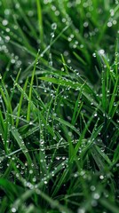 Green Grass Blades Covered in Dew Drops on a Sunny Morning