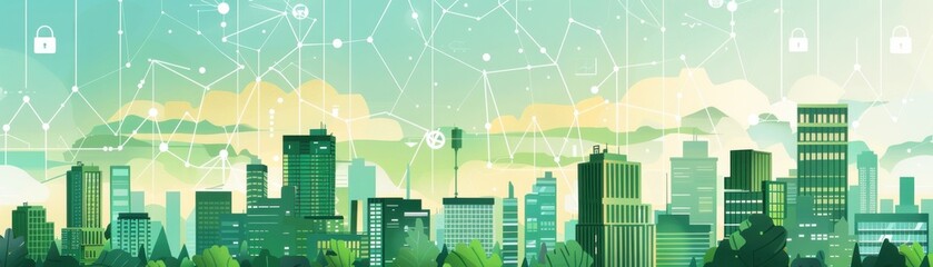 Fototapeta premium Cuttingedge green building technology, robust blockchain infrastructure, positive market growth chart, flat design illustration