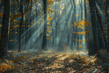 Sunshine penetrates the forest, autumn
