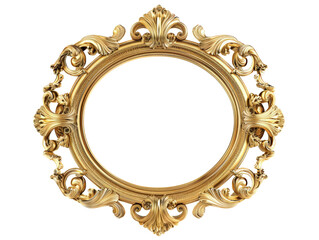 Antique gold oval picture frame with intricate floral carvings, isolated on a white background.