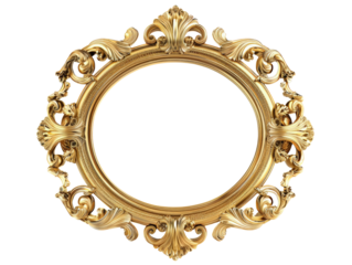 Antique gold oval picture frame with intricate floral carvings, isolated on a white background.