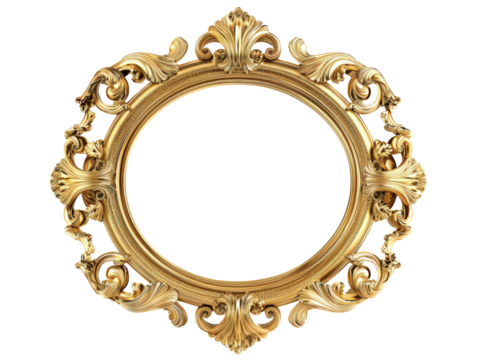 Antique gold oval picture frame with intricate floral carvings, isolated on a white background.