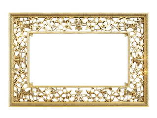 Ornate gold empty photo frame with intricate patterns, perfect for artwork or photograph display, isolated on a white background