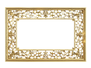Ornate gold empty photo frame with intricate patterns, perfect for artwork or photograph display, isolated on a white background