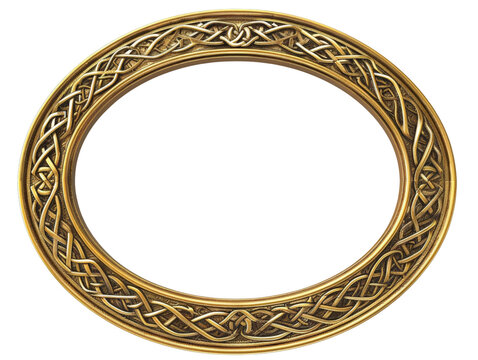 Ornate oval gold frame with intricate Celtic knot designs, perfect for vintage photos, art displays, and decorative purposes.