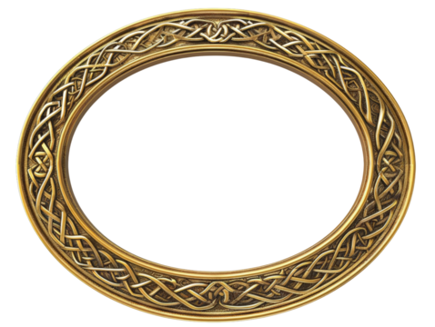 Ornate oval gold frame with intricate Celtic knot designs, perfect for vintage photos, art displays, and decorative purposes.