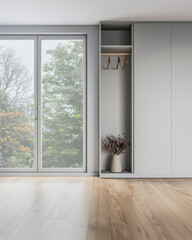 Fototapeta premium Wardrobe in an empty room with minimal, neutral colors and filled with lighting coming from a window. Residential Real Estate interiors design composition.