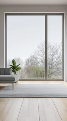 Fototapeta premium Wardrobe in an empty room with minimal, neutral colors and filled with lighting coming from a window. Residential Real Estate interiors design composition.