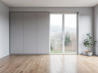 Fototapeta premium Wardrobe in an empty room with minimal, neutral colors and filled with lighting coming from a window. Residential Real Estate interiors design composition.
