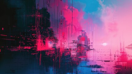 Abstract digital glitch art background with interlaced effects Cyberpunk poster design with retro futuristic surreal aesthetic Copy space