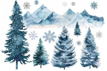 Winter poster for falling snowflakes, snowy trees, Wintry scenes, frost with sunset landscape illustration