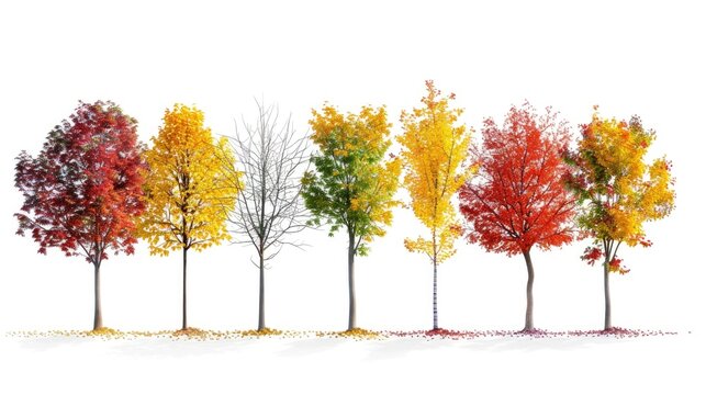 Various tree species showcasing vibrant autumn leaves on a white background for text placement