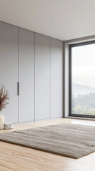 Fototapeta premium Wardrobe in an empty room with minimal, neutral colors and filled with lighting coming from a window. Residential Real Estate interiors design composition.