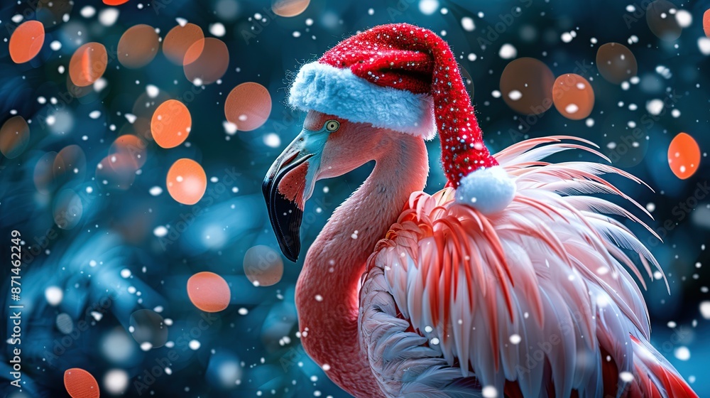 Sticker Pink Flamingo in Santa Hat with Snow