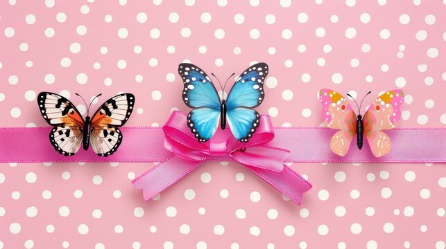 Theme for a baby girl featuring three butterflies and a pink ribbon with polka dots - Powered by Adobe