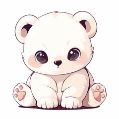 Naklejka premium Cute cartoon polar bear illustration with big eyes. Adorable baby polar bear cub sitting and looking at the camera. Clipart for kids, children's book or design.