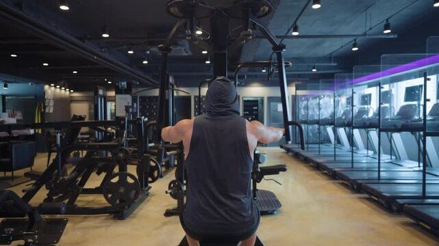 Sporty Athlet Man Training Shoulders in Rear Delt Fly Machine. Unrecognizable Fit Sportsman Workout Alone in Empty Health Club - 4k 60fps