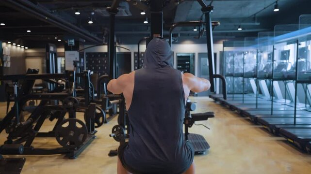 Rear shot of Middle Age Bodybuilder Doing Vertical Rear Delt Fly Shoulder Exercise on a Machine