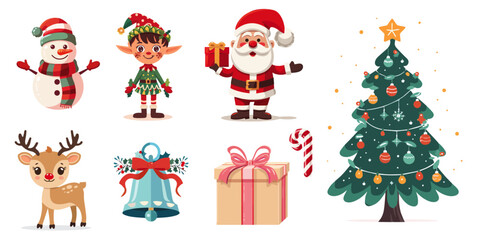 Christmas Elements with snowman, elf, santa clause with presents, reindeer, jingle bell, box and Christmas tree vectors