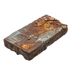A detailed close-up of a heavily rusted and corroded iron bar, showcasing textures and decay over time.