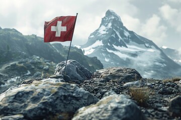 Flying Swiss banner on rugged terrain in honor of the August 1st holiday. 3D Illustration.