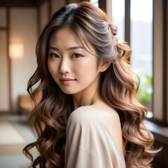 In the portrait, we see a stunning Japanese woman with a beautiful smile, radiating warmth and charisma. Her thick and long hair, styled in a half up half down wavy hairstyle, cascades over her should