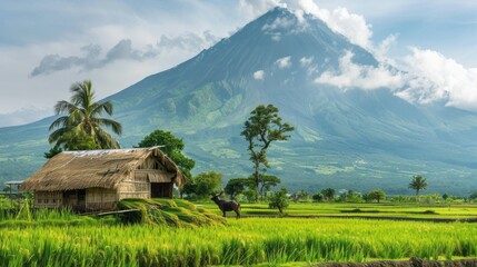 A breathtaking view of Mayon Volcano, a majestic stratovolcano, overlooking lush green rice paddies and a traditional Filipino hut in Legazpi City, Philippines