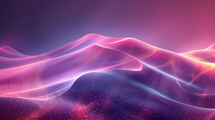Obraz premium Vibrant abstract digital landscape with glowing wave-like shapes and sparkling particles in pink and purple hues.