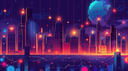 Declining graph, blockchain ledger, futuristic cityscape, flat design illustration