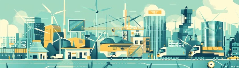 Naklejka premium Renewable energy installations, digital security measures, economic decline infographic, flat design illustration