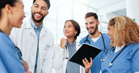Doctor, nurse and celebration on tablet for healthcare results, research report success and...