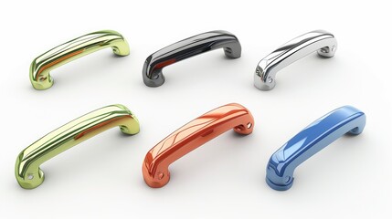 Colored automatic handles arranged on a white background in various orientations Design
