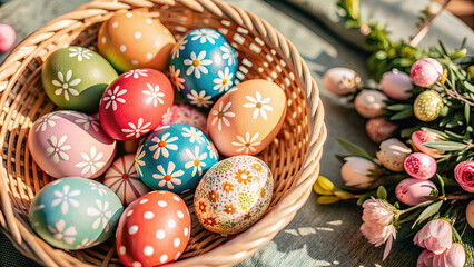 Obraz premium Happy Easter day with colorful egg prints copy space for text