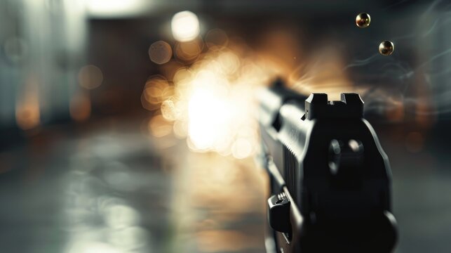Blurred handgun with 11mm or 45 bullets hitting target with space for text