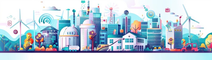 Obraz premium Renewable energy installations, digital security measures, economic decline infographic, flat design illustration