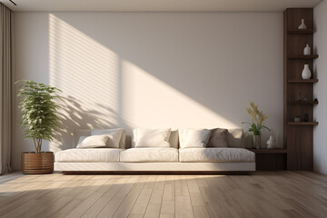 Modern Living Room with White Couch, Brown Coffee Table, and White Lamp, Elegant and Comfortable Interior Design for Contemporary Home Decor