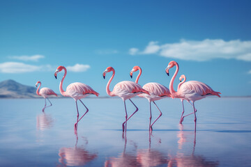 Flock of Pink Flamingos Wading in Shallow Lake, Exotic Wildlife in Natural Wetland Habitat
