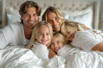 Fototapeta premium Parents are affectionate towards their daughter in the bedroom bed