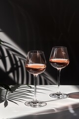 pink ros&eacute; wine in two glasses on white table, black background, hard shadows, sun rays and shadow of palm leaves, minimalistic composition, editorial photography,