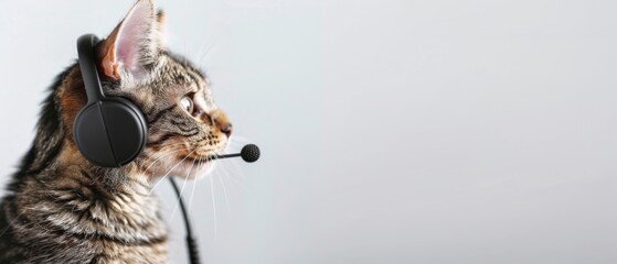 Profile view of a tabby cat wearing a headset with a microphone, representing customer support or call center concept, against light background.