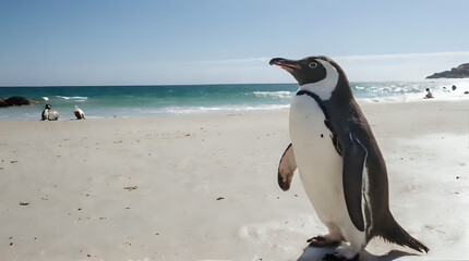 Obraz premium a penguin standing on the beach with people in the background