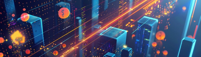 Financial data with negative growth, blockchain ecosystem, flat design illustration