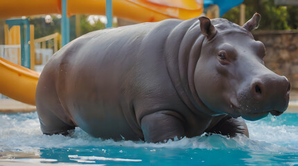 Fototapeta premium a hippo in the water with a slide in the background