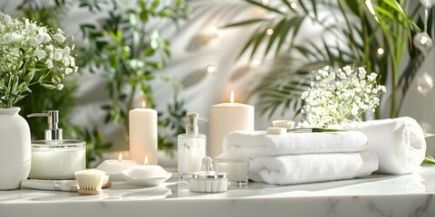 Luxurious spa setting with white towels candles flowers and beauty products. Concept Spa Setting, White Towels, Candles, Flowers, Beauty Products